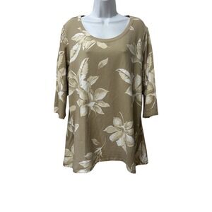 d&co Active Women's Beige Floral Print Tunic Top Plus Size 1X 3/4 Sleeve